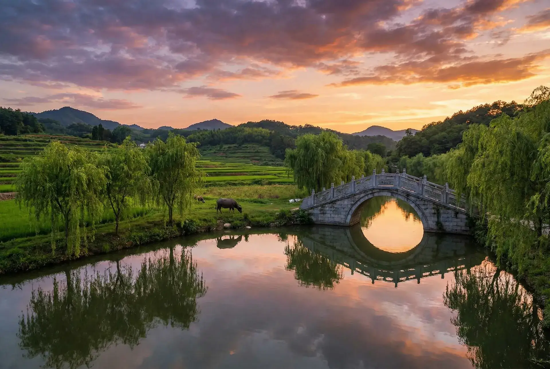 夕阳下的石拱桥与垂柳，水牛在河边吃草 - 高清性色生活片免费播放网 乡村美景